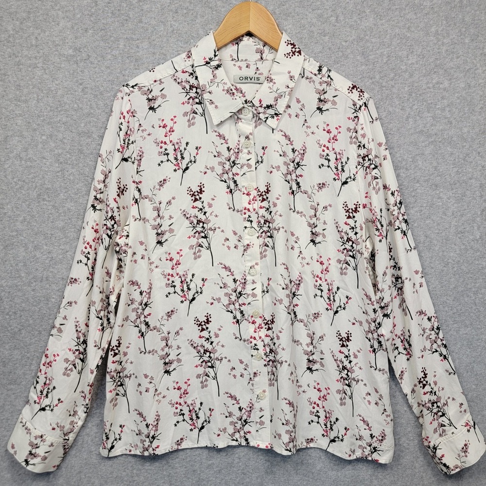 ORVIS 100% Silk Button Up Floral Long Sleeve Blouse Women's Sz L Cream Mauve